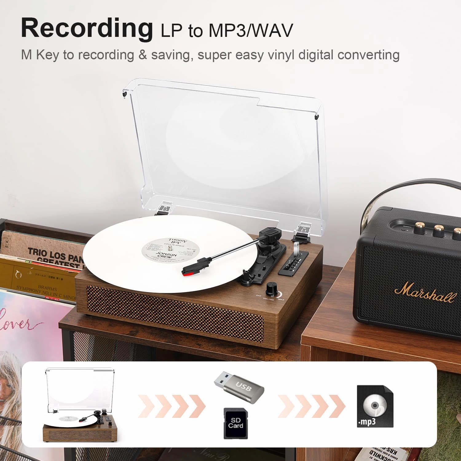 Vinyl Record Player 3-Speed Extended-Sized Turntable with Built-in Speakers & Bluetooth, USB/SD Recording, EQ Mode & LED Display, Belt-Drive Walnut Wood LP Player