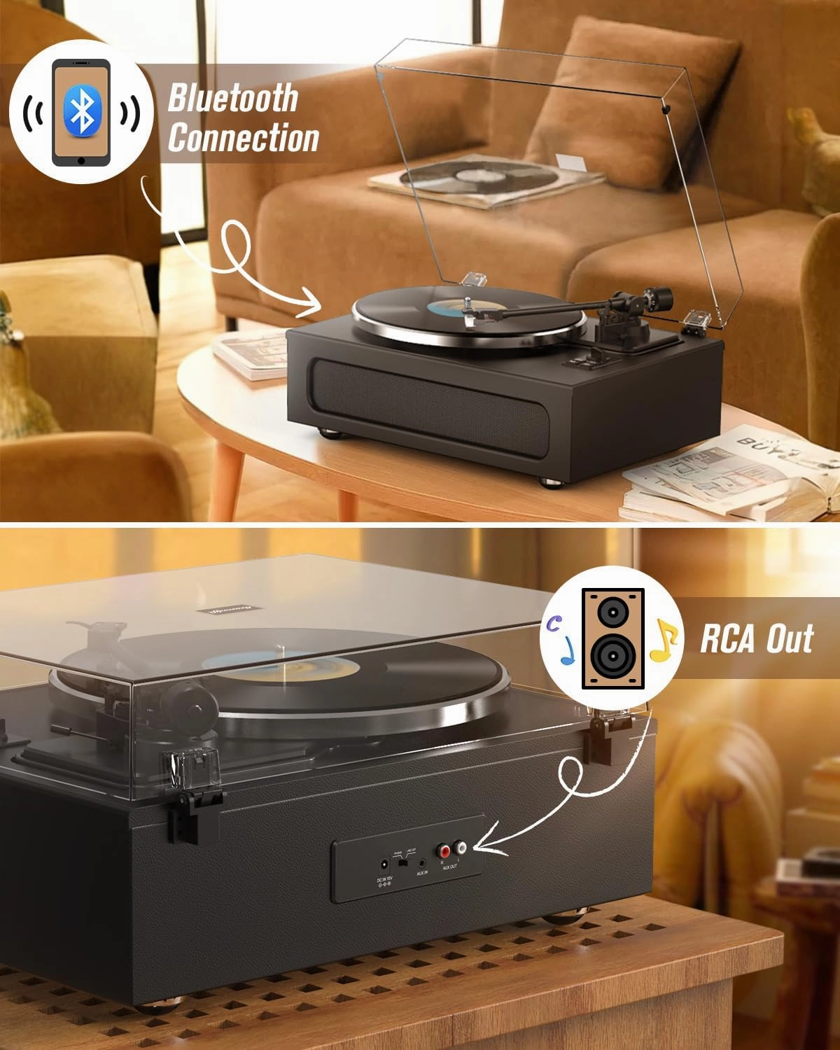 Vinyl Record Player All-in-1 LP Turntable Built-in Four Speakers HiFi Belt Drive System with Phono Preamp ATN-3600L MM Cartridge BT Wireless Aux-in RCA Line Out Auto Off Black Classic Edition