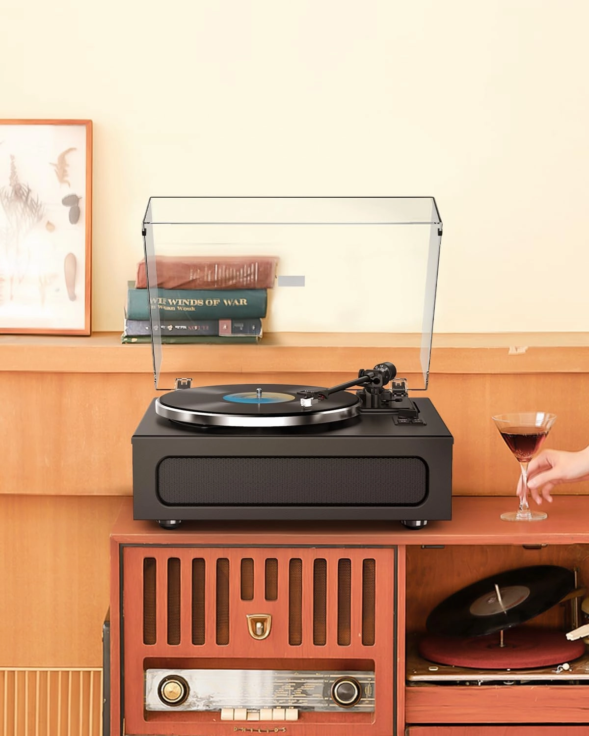 Vinyl Record Player All-in-1 LP Turntable Built-in Four Speakers HiFi Belt Drive System with Phono Preamp ATN-3600L MM Cartridge BT Wireless Aux-in RCA Line Out Auto Off Black Classic Edition
