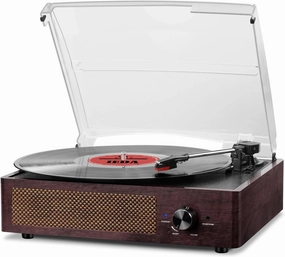 Vinyl Record Player Bluetooth Belt-DriveTurntable with Built-in Speakers, RCA Line Out AUX in Headphone Jack,3-Speed,Brown belt-drive turntable,vinyl record player,audiophile turntable,