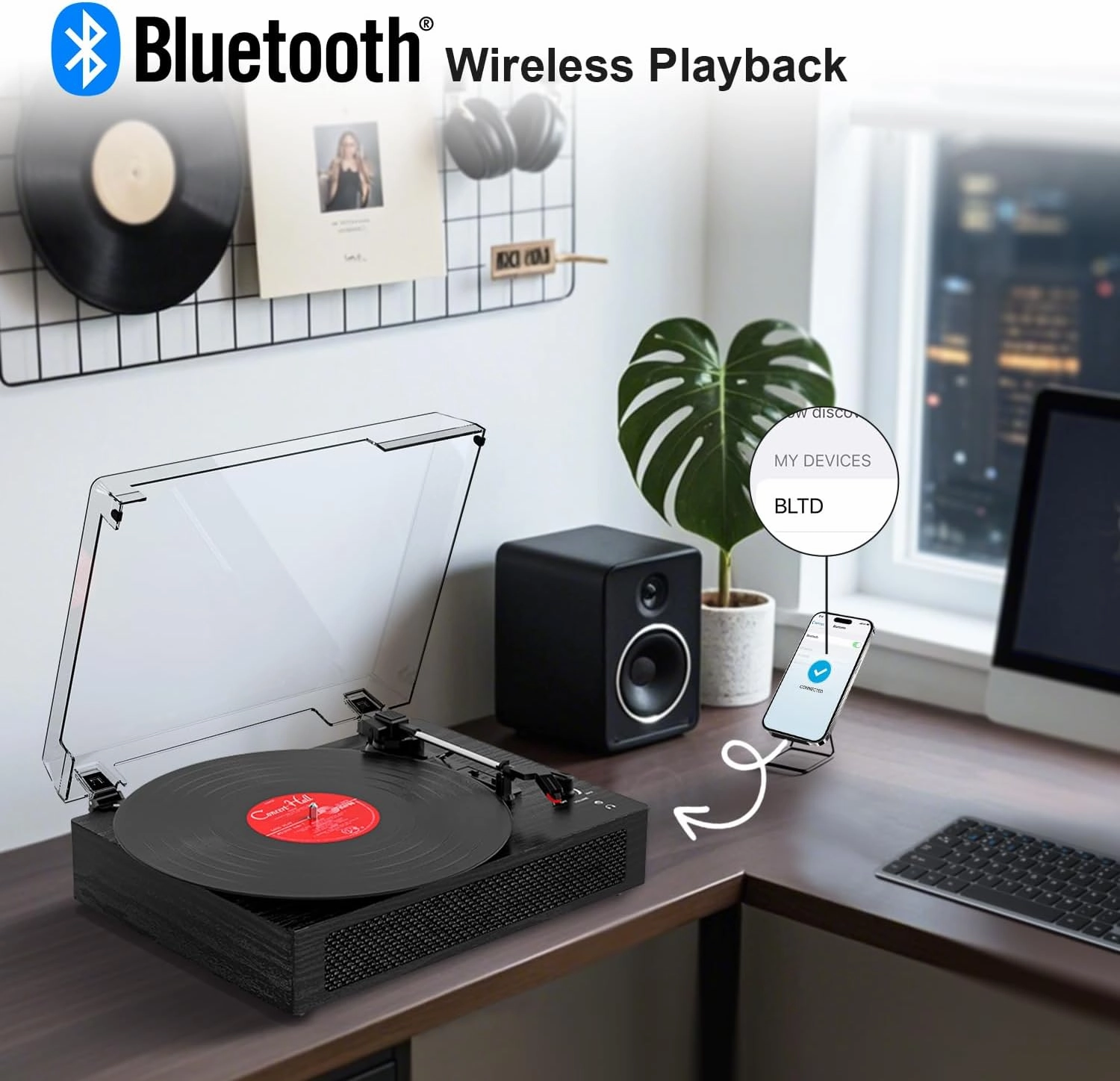 Vinyl Record Player Bluetooth Turntable with Built in Stereo Speakers Belt Drive 3 Speeds Turntables for Vinyl Records Support RCA Output, Aux in, Auto Stop Black