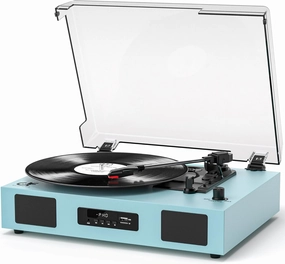 Vinyl Record Player Vintage Wireless Bluetooth Record Player with Enhanced Speakers, USB Recording, LP Player with 3-Speed Belt Drive Turntable Support RCA Line-Out AUX Input EQ,Blue belt-drive turntable,vinyl record player,audiophile turntable,