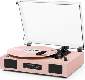 Vinyl Record Player Vintage Wireless Bluetooth Record Player with Enhanced Speakers, USB Recording, LP Player with 3-Speed Belt Drive Turntable Support RCA Line-Out AUX Input EQ,Pink belt-drive turntable,vinyl record player,audiophile turntable,