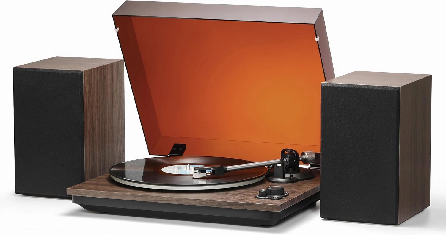 Vinyl Record Player with AT-3600L Cartridge & 60W Speakers, 2-Speed Belt-Drive Turntable, Built-in Phono Preamp, BT Output Input & AUX-in, Auto Stop phono preamp,turntable amplifier,record player preamp,