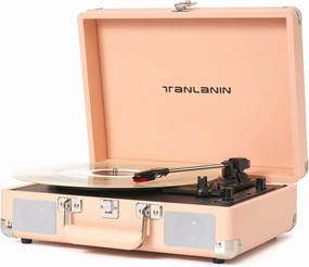 Vinyl Record Player with Built-in Speaker, USB Recording, Bluetooth Vintage Portable Suitcase Turntables for Vinyl, 3 Speed Belt-Drive Retro LP Player Support AUX/RCA/Headphone Jack, Peach Rose Gold belt-drive turntable,vinyl record player,audiophile turnt