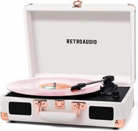 Vinyl Record Player with Built-in Speakers 3-Speed Vintage Record Player Bluetooth Portable Suitcase Turntable Belt-Driven LP Player Support RCA Output and Headphone Output (White Rose Gold) direct-drive turntable,DJ turntable,hi-torque vinyl deck,