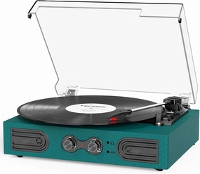 Vinyl Record Player with Built-in Speakers 3-Speed Vintage Record Player Support Treble& Bass Control, 3.5mm Headphone Jack, RCA-Out/Aux in, Belt-Driven LP Turntable,Dark Green belt-drive turntable,vinyl record player,audiophile turntable,
