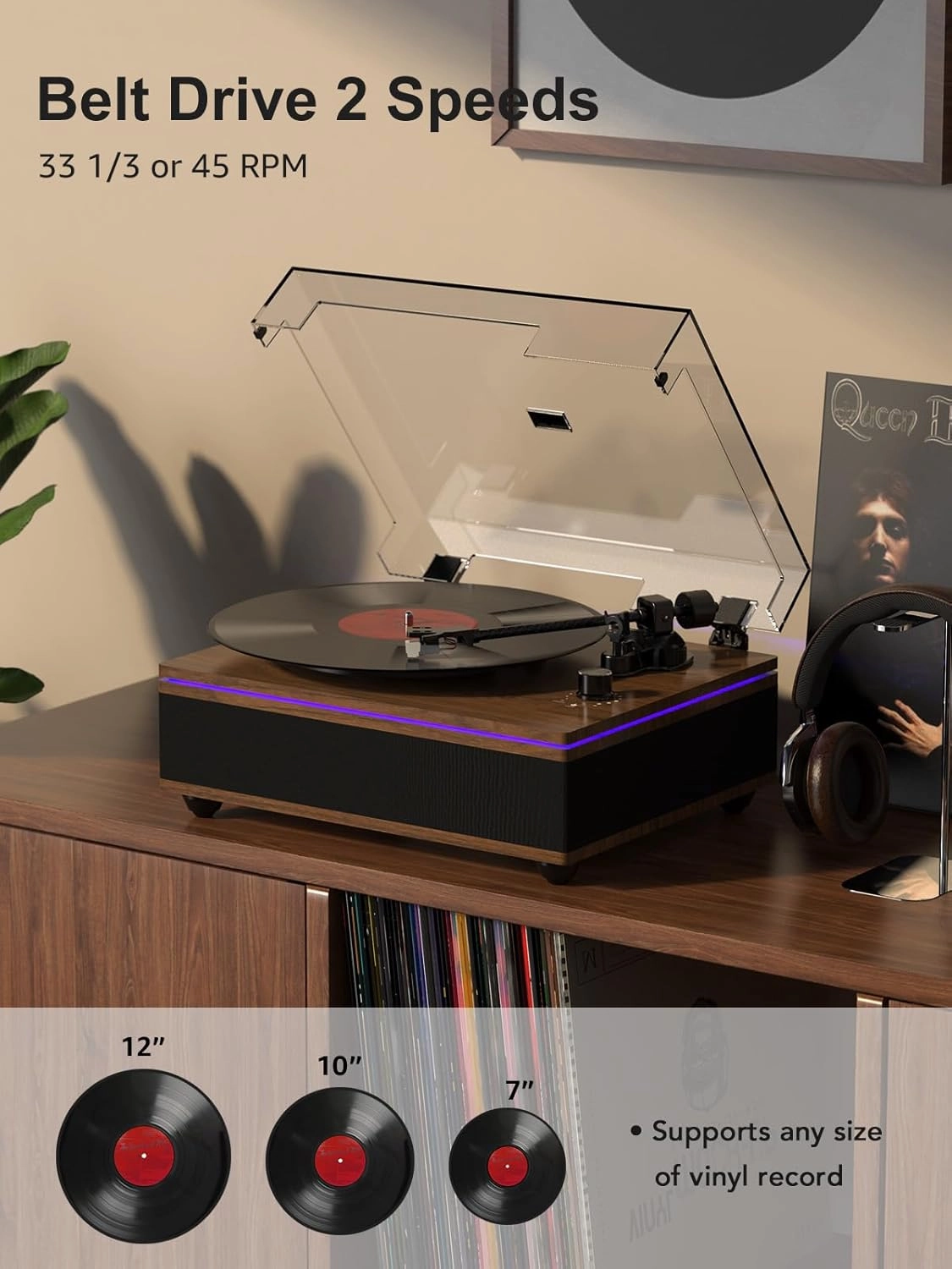 Vinyl Record Player with Built-in Stereo Speakers Bluetooth Belt-Drive Turntable High Fidelity Turntables for Vinyl Records with Magnetic Cartridge AT-3600L 2 Speed Turntable with LED Light