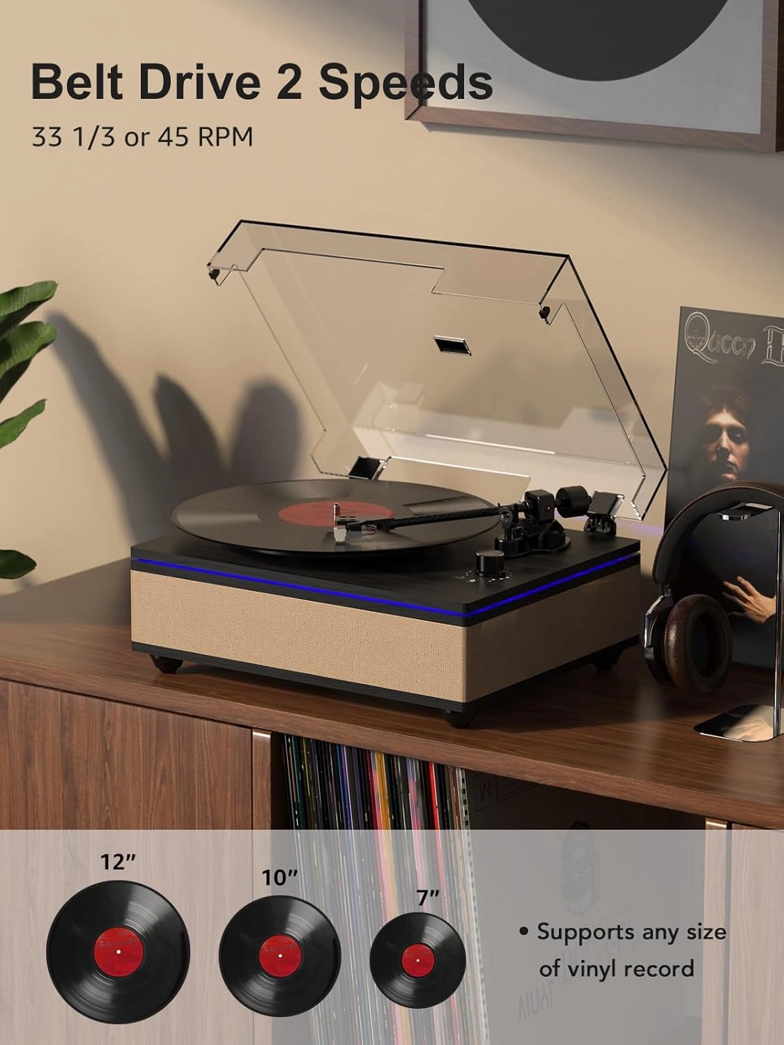 Vinyl Record Player with Built-in Stereo Speakers Bluetooth Belt-Drive Turntable High Fidelity Turntables for Vinyl Records with Magnetic Cartridge AT-3600L 2 Speed Turntable with LED Light