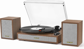 Vinyl Record Player with External Bookshelf Speakers, 33-1/3 45 78 RPM Vintage Bluetooth Stereo Turntable for Vinyl Records,Belt-Driven System,Dust Cover,Auto-Stop, Support AUX/RCA, Tan Oak Finish belt-drive turntable,vinyl record player,audiophile turntab