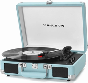 Vinyl Record Player with Speakers, Bass and Treble Control, Vintage 3-Speed Bluetooth Suitcase Portable Turntable with Belt Drive, Auto Stop, RCA/AUX/Headphone Jack, LP Player Blue belt-drive turntable,vinyl record player,audiophile turntable,
