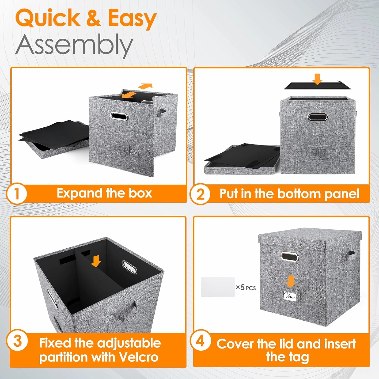 Vinyl Record Storage Box for 50  Single LPs (12-Inch), Stackable Albums Linen Crate with Lid, Collapsible Play Music Collection Holder, Document File Folder Cabinet Organizer Case with Handle