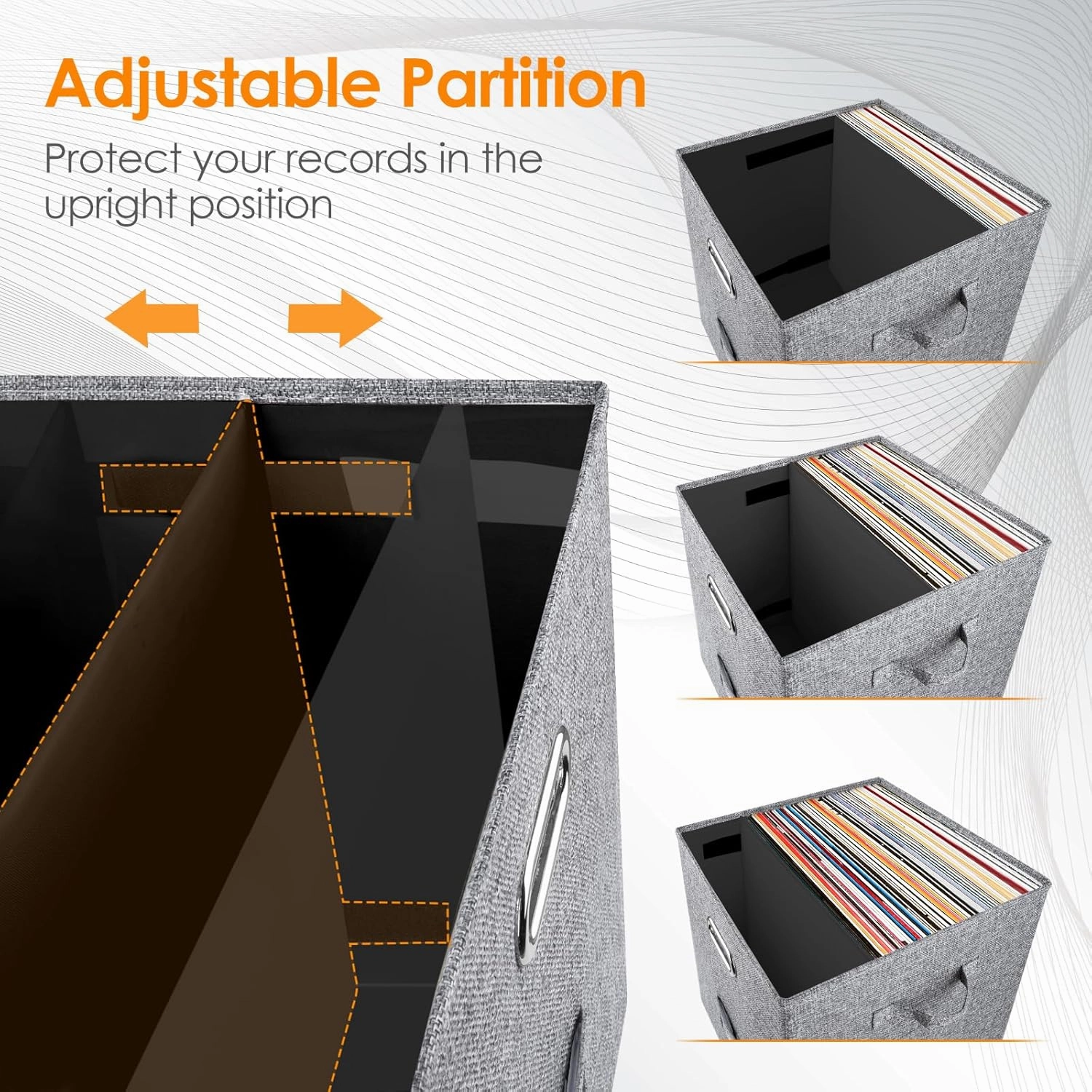 Vinyl Record Storage Box for 50  Single LPs (12-Inch), Stackable Albums Linen Crate with Lid, Collapsible Play Music Collection Holder, Document File Folder Cabinet Organizer Case with Handle
