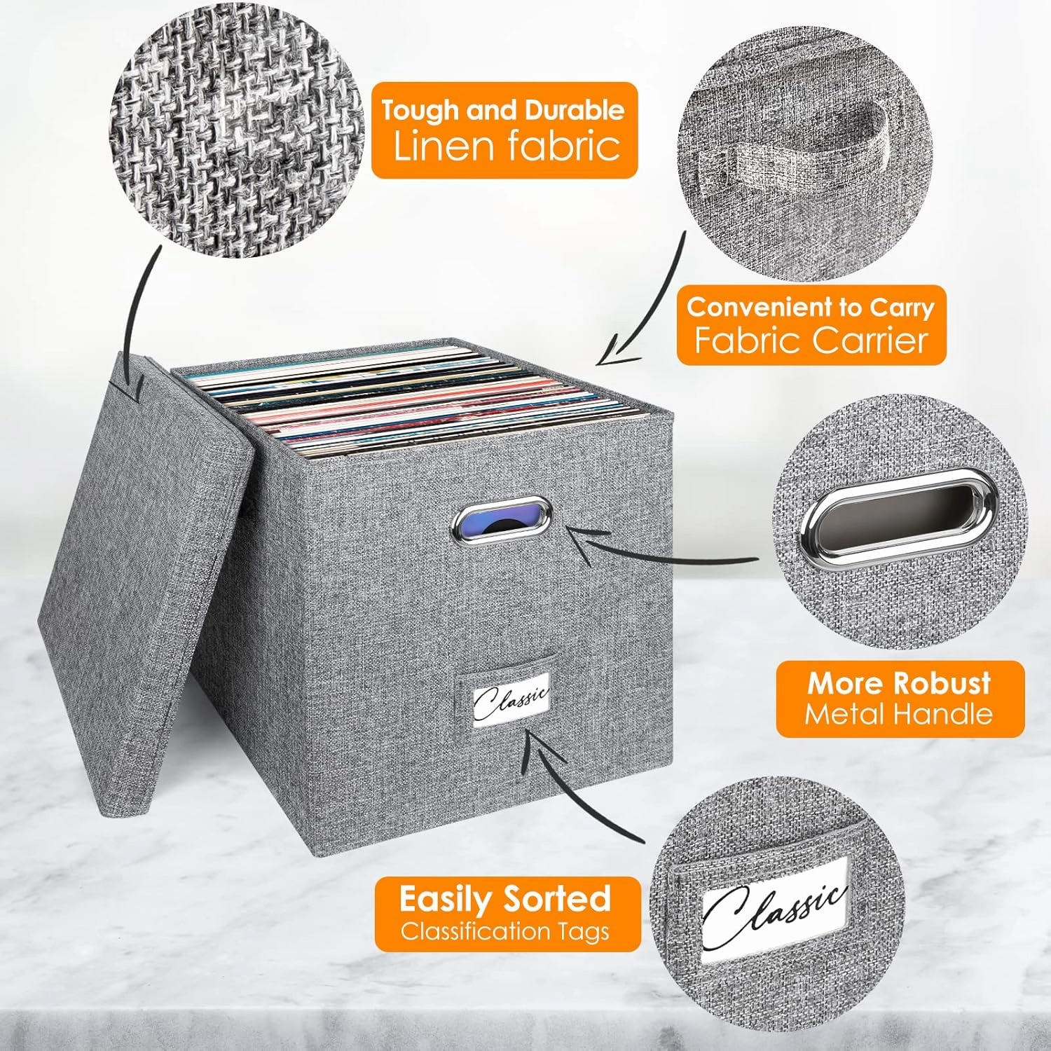 Vinyl Record Storage Box for 50  Single LPs (12-Inch), Stackable Albums Linen Crate with Lid, Collapsible Play Music Collection Holder, Document File Folder Cabinet Organizer Case with Handle