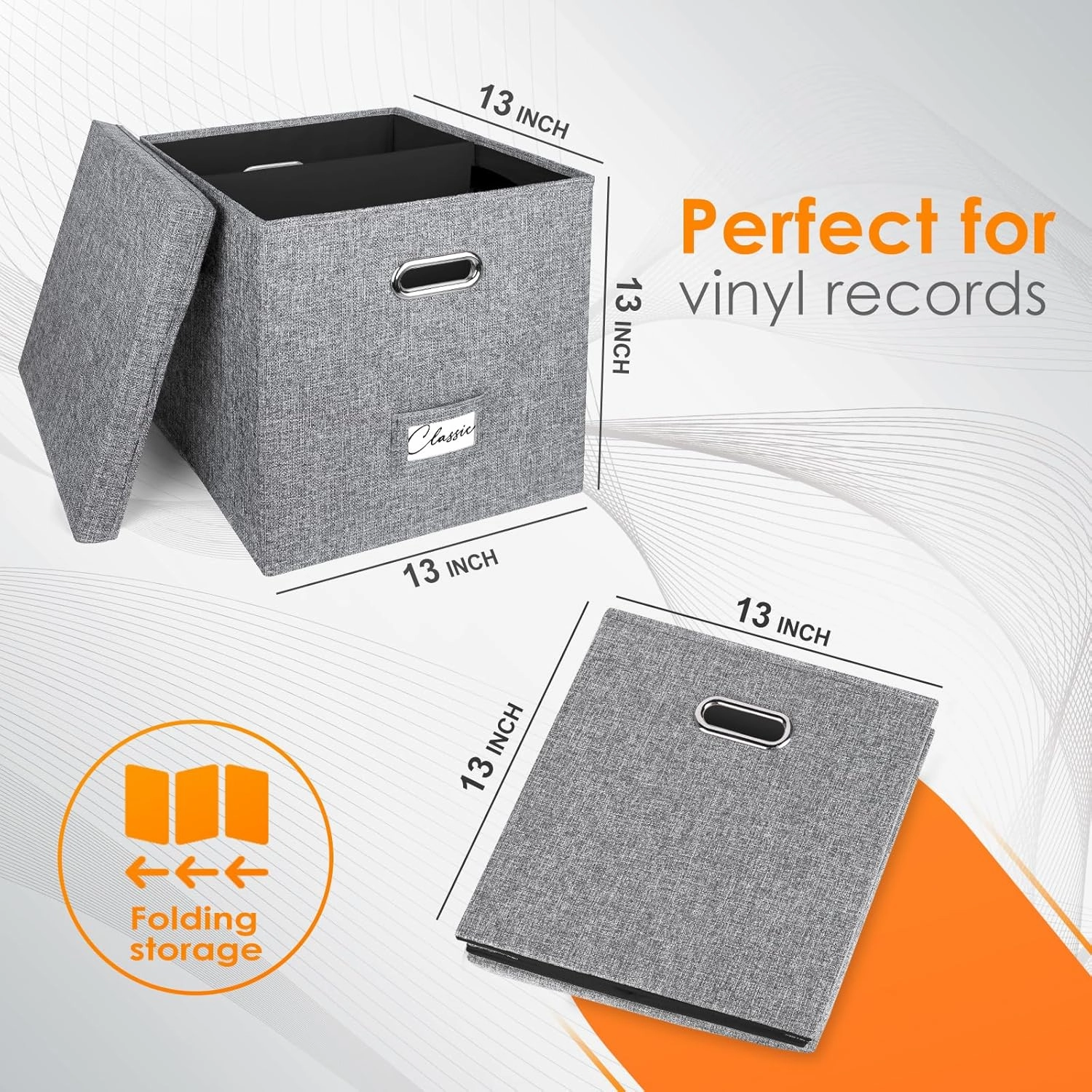 Vinyl Record Storage Box for 50  Single LPs (12-Inch), Stackable Albums Linen Crate with Lid, Collapsible Play Music Collection Holder, Document File Folder Cabinet Organizer Case with Handle