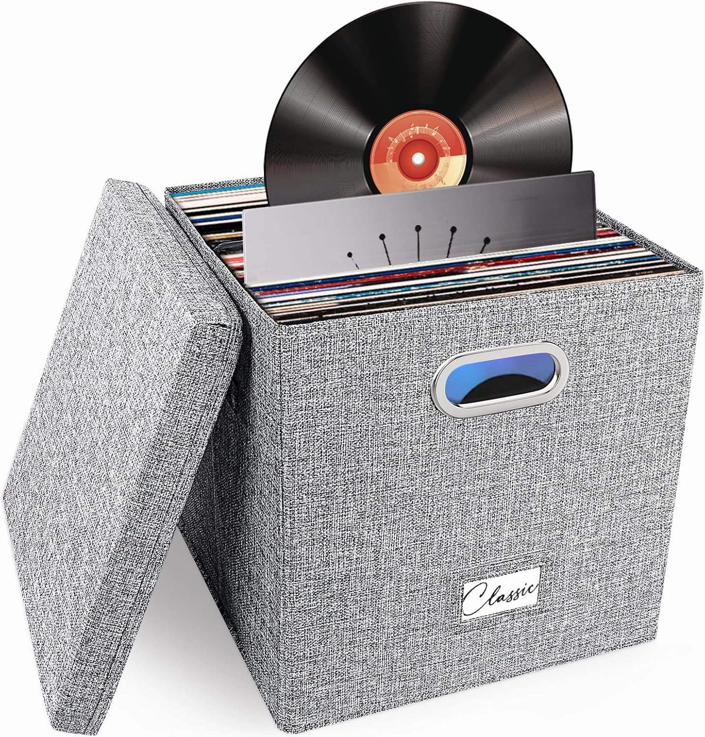 Vinyl Record Storage Box for 50  Single LPs (12-Inch), Stackable Albums Linen Crate with Lid, Collapsible Play Music Collection Holder, Document File Folder Cabinet Organizer Case with Handle vinyl storage,record holder,LP organizer,