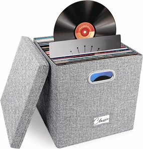 Vinyl Record Storage Box for 50  Single LPs (12-Inch), Stackable Albums Linen Crate with Lid, Collapsible Play Music Collection Holder, Document File Folder Cabinet Organizer Case with Handle vinyl storage,record holder,LP organizer,