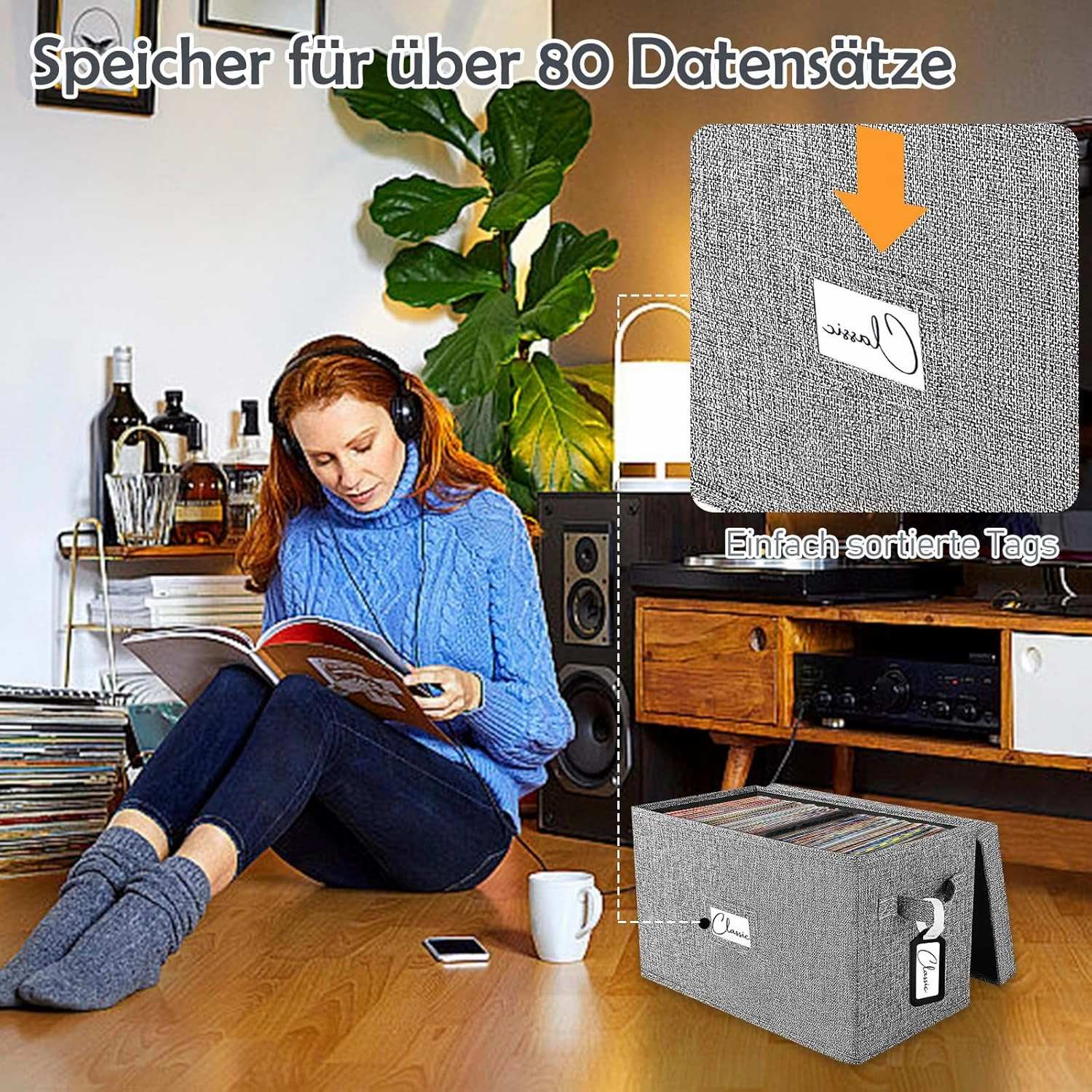 Vinyl Record Storage Box for 7"/45 RPM LPs, Grey Case with Lid Holds up to 80 Albums, CD Crate Play Music Collection Holder, Collapsible File Folder Cabinet Organizer with Handle