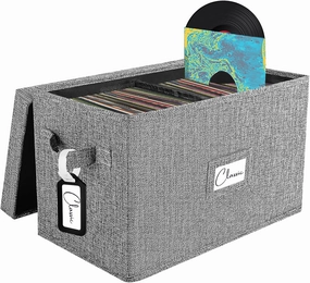 Vinyl Record Storage Box for 7"/45 RPM LPs, Grey Case with Lid Holds up to 80 Albums, CD Crate Play Music Collection Holder, Collapsible File Folder Cabinet Organizer with Handle vinyl storage,record holder,LP organizer,