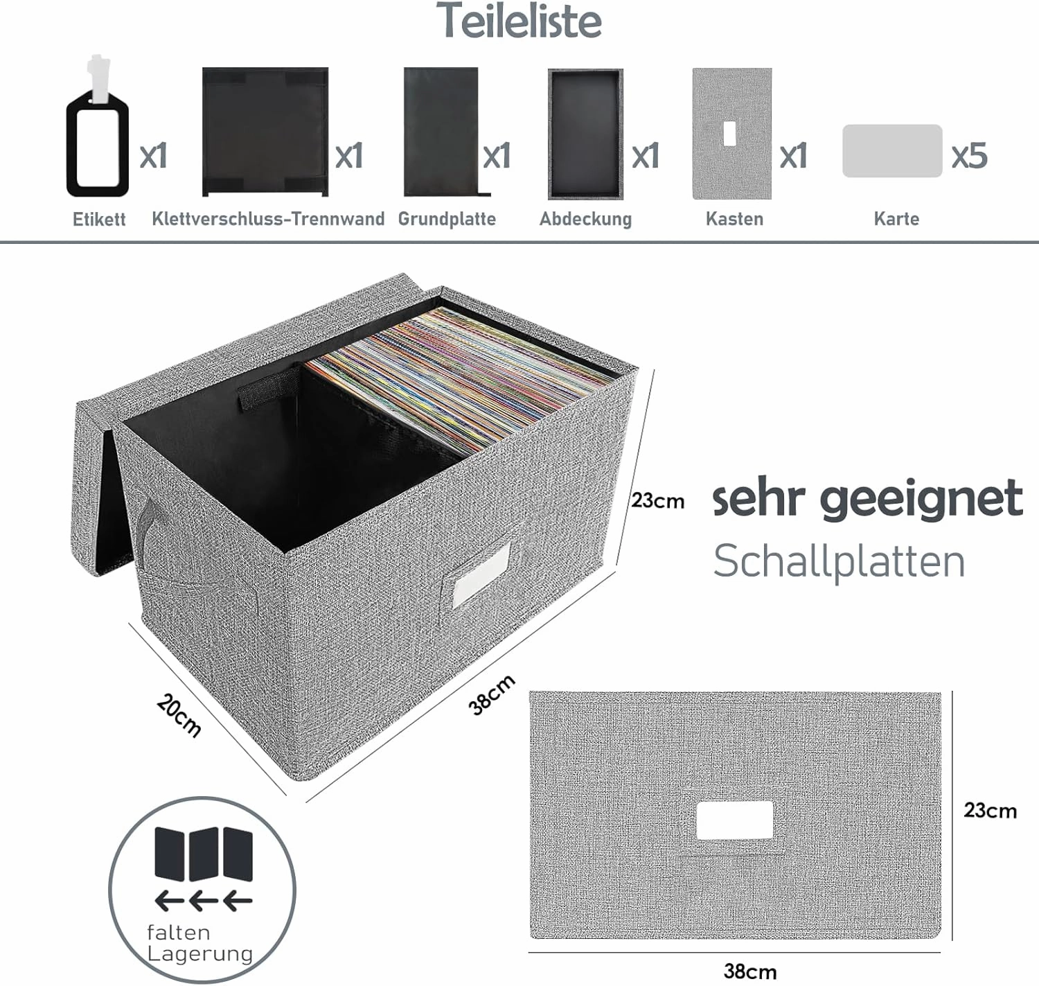 Vinyl Record Storage Box for 7"/45 RPM LPs, Grey Case with Lid Holds up to 80 Albums, CD Crate Play Music Collection Holder, Collapsible File Folder Cabinet Organizer with Handle