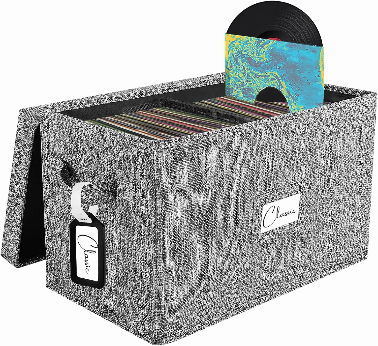 Vinyl Record Storage Box for 7"/45 RPM LPs, Grey Case with Lid Holds up to 80 Albums, CD Crate Play Music Collection Holder, Collapsible File Folder Cabinet Organizer with Handle vinyl storage,record holder,LP organizer,