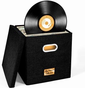 Vinyl Record Storage Box for up to 50  12-Inch Albums, Records Crate, LP Album Storage, Fabric Storage Boxes with Lids for Moving, Office, Closet, Home Organizer 13x13x13 (Black) vinyl storage,record holder,LP organizer,