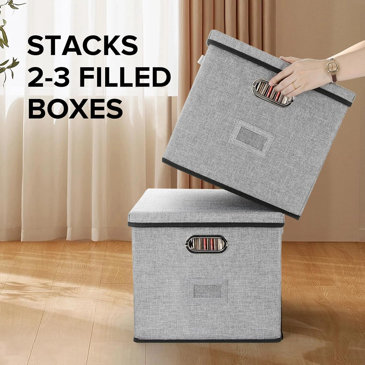 Vinyl Record Storage Box Hold 100  12" Albums Stackable LP Storage Bin with Lid Record Holder Protect Albums, CDs, Books, Magzine, Files