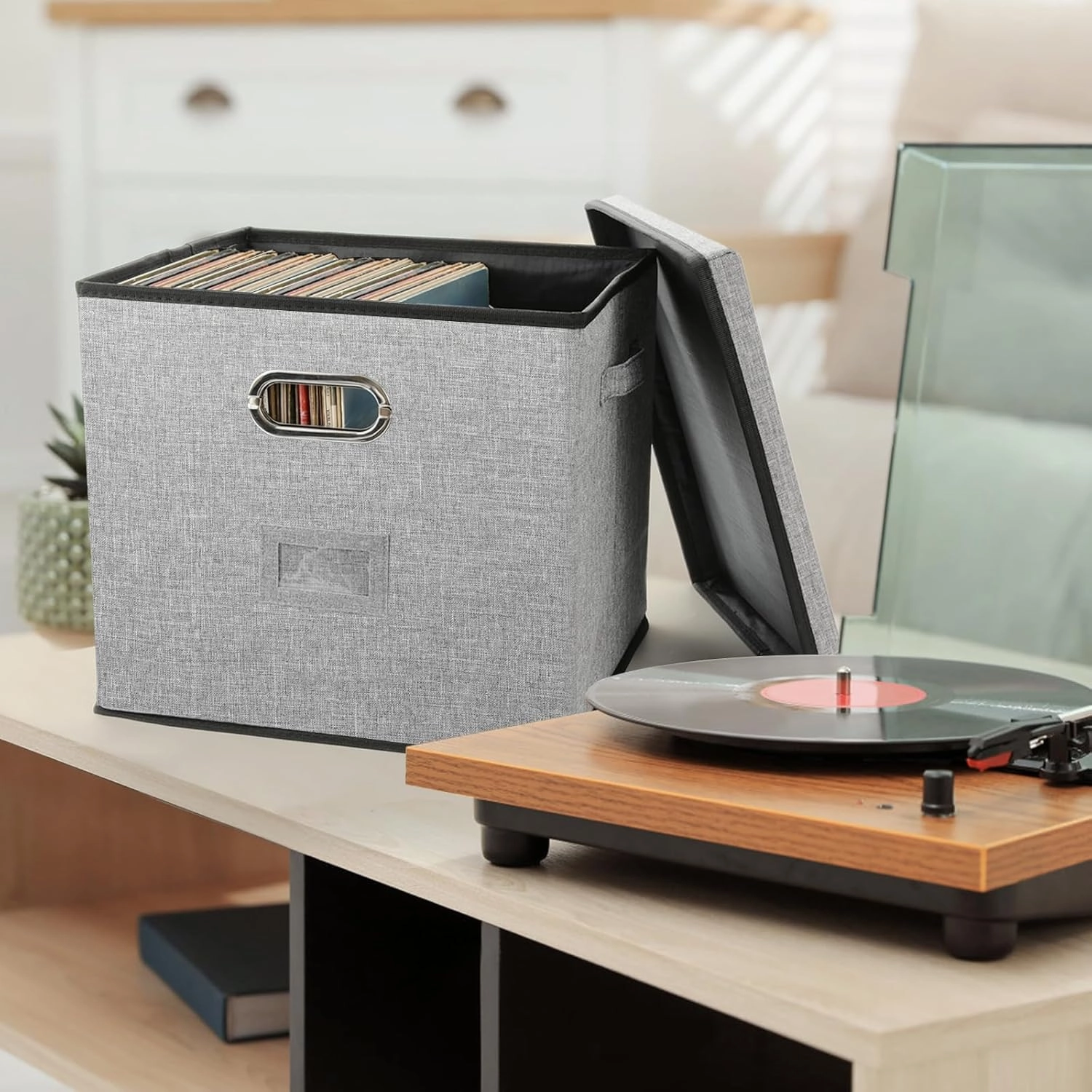Vinyl Record Storage Box Hold 100  12" Albums Stackable LP Storage Bin with Lid Record Holder Protect Albums, CDs, Books, Magzine, Files