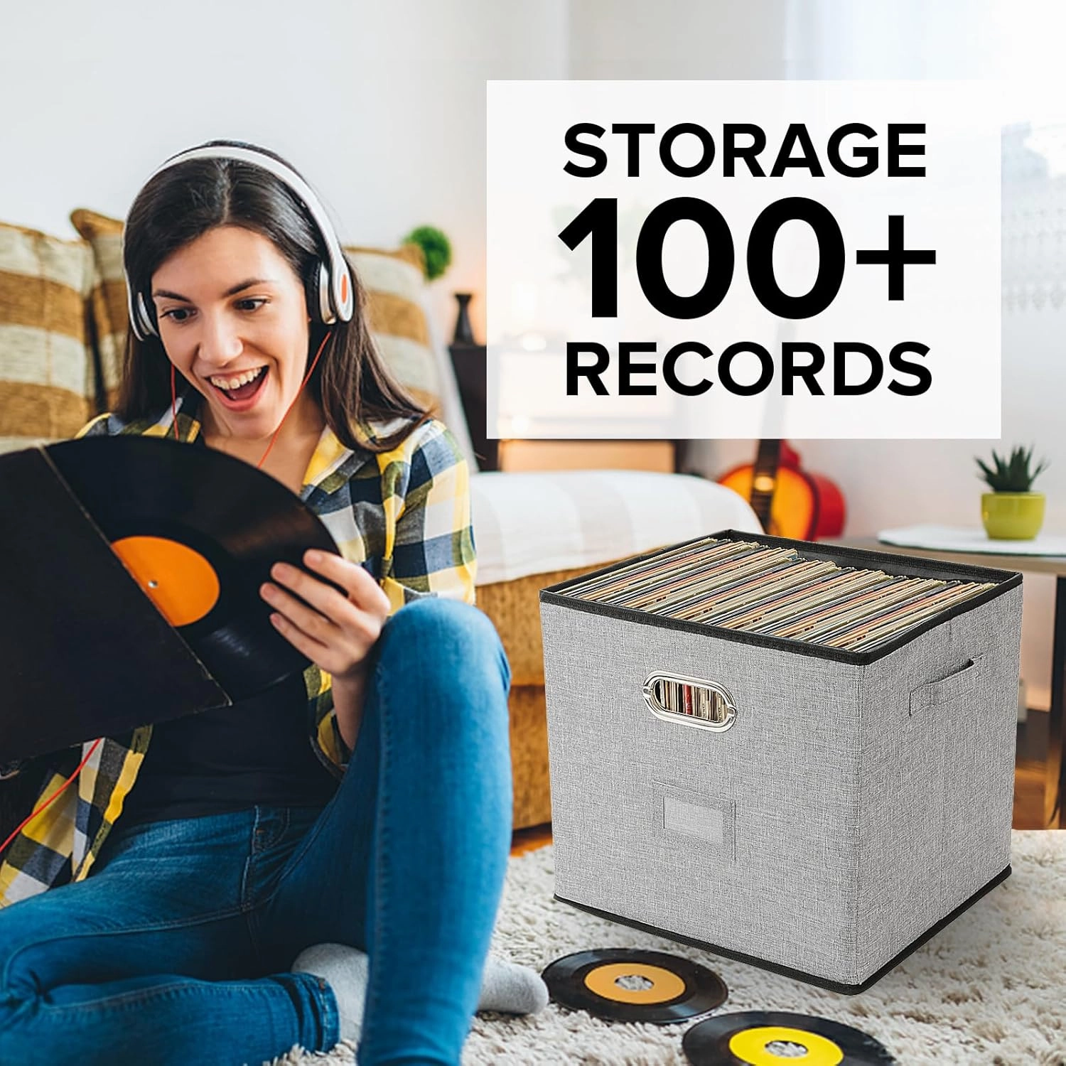 Vinyl Record Storage Box Hold 100  12" Albums Stackable LP Storage Bin with Lid Record Holder Protect Albums, CDs, Books, Magzine, Files