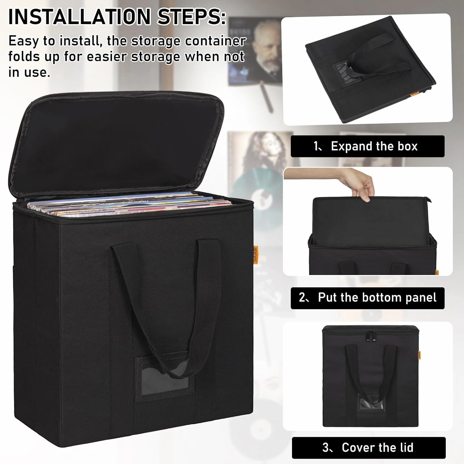 Vinyl Record Storage Box with Lids and Handle Vinyl Album Storage Case Bag for 12 inch LP