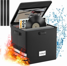 Vinyl Record Storage Box with Lock, Fireproof Waterproof Resistant Organizer for 100  12-Inch Records - Collapsible Storage Box with Handles for Album Collection - Black vinyl storage,record holder,LP organizer,