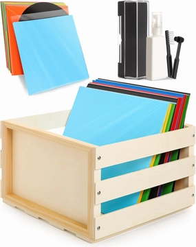Vinyl Record Storage Crate with 50 Pack Clear Plastic Record Outer Sleeves and Vinyl Cleaning Kit Wooden LP Album Holder Cleaner Solution Album Protection record cleaning kit,vinyl cleaner,stylus brush set,