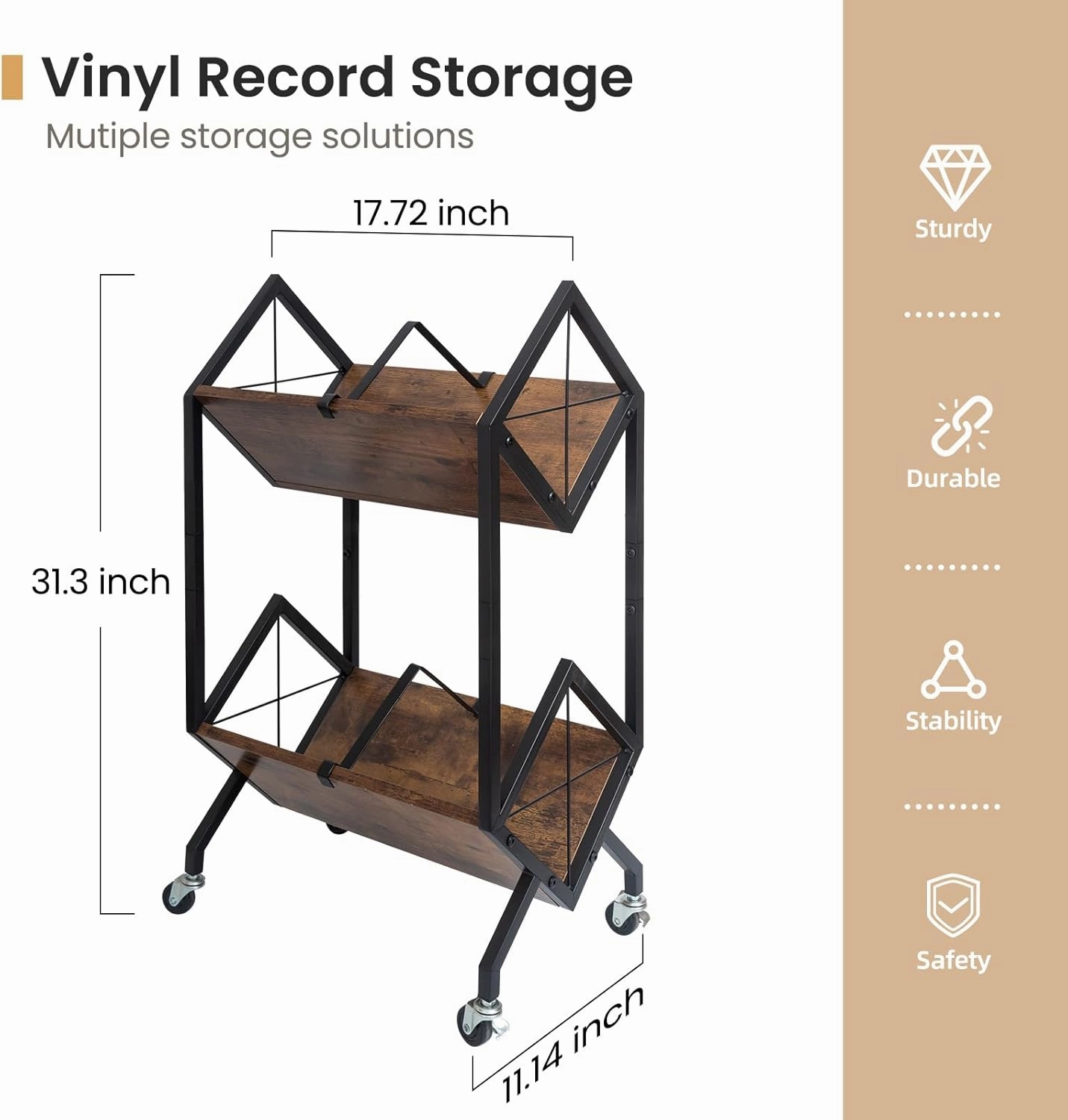 Vinyl Record Storage Holder, 2-Tier with Dividers, Retro Style, Quick Assembly, 160-200 LP Capacity, Brown Wood & Matte Black Iron Frame, 11.14 x 17.72 x 31.3 inches