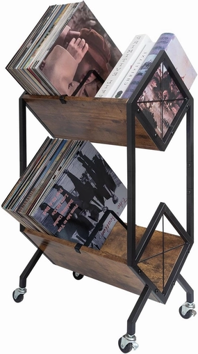 Vinyl Record Storage Holder, 2-Tier with Dividers, Retro Style, Quick Assembly, 160-200 LP Capacity, Brown Wood & Matte Black Iron Frame, 11.14 x 17.72 x 31.3 inches vinyl storage,record holder,LP organizer,