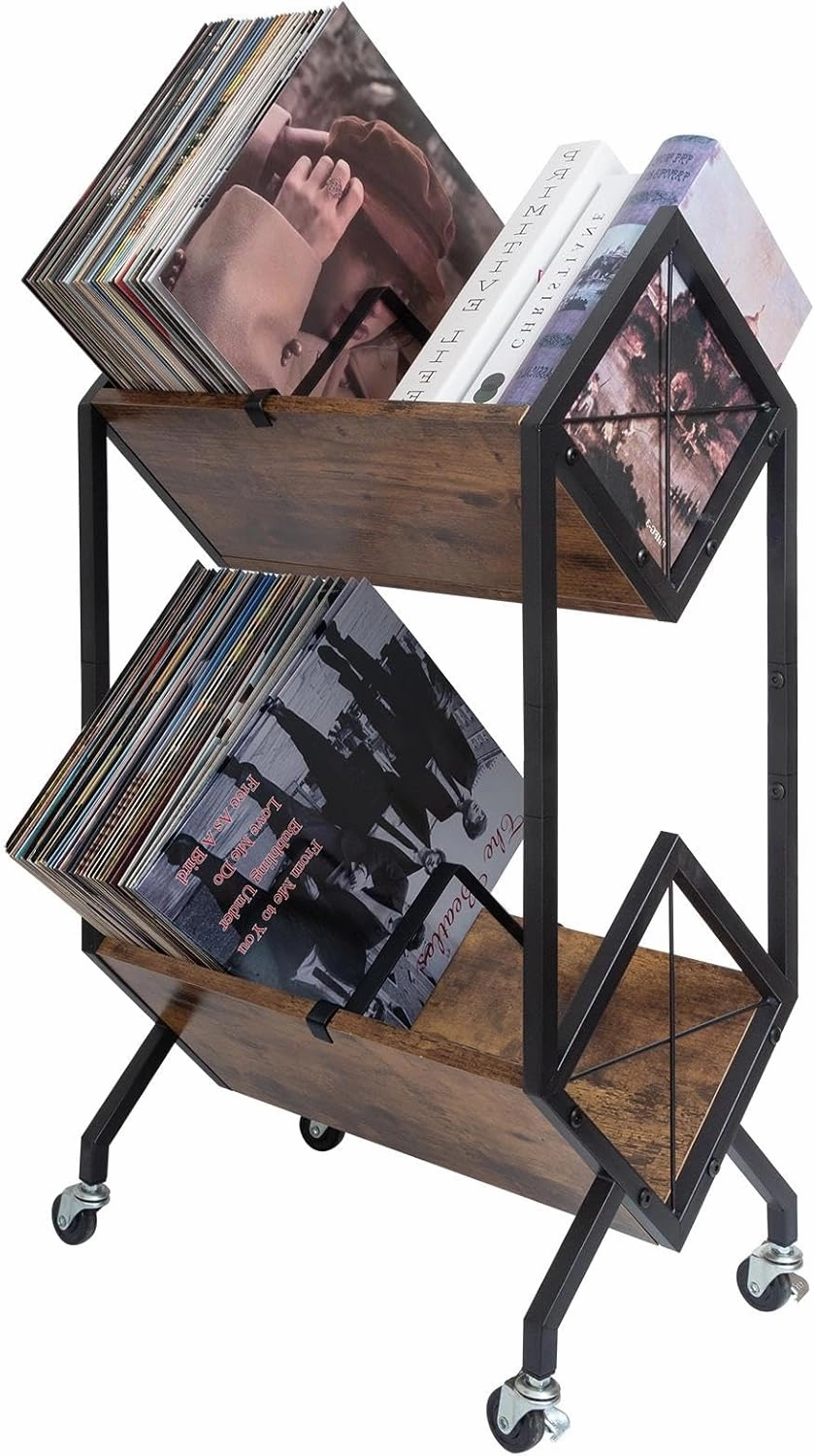 Vinyl Record Storage Holder, 2-Tier with Dividers, Retro Style, Quick Assembly, 160-200 LP Capacity, Brown Wood & Matte Black Iron Frame, 11.14 x 17.72 x 31.3 inches vinyl storage,record holder,LP organizer,