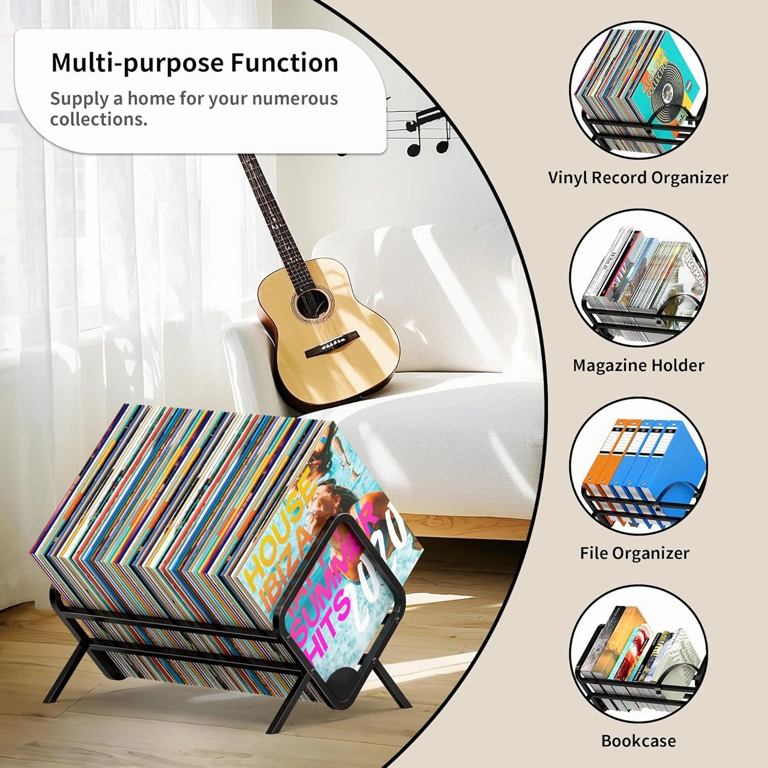 Vinyl Record Storage Holder, 80-110LP Albums Storage Rack,Metal vinyl record display Stand with Adjustable Dividers,Quick Assembly Vinyl Shelf Organizer for Magazine, Book, Files, Black