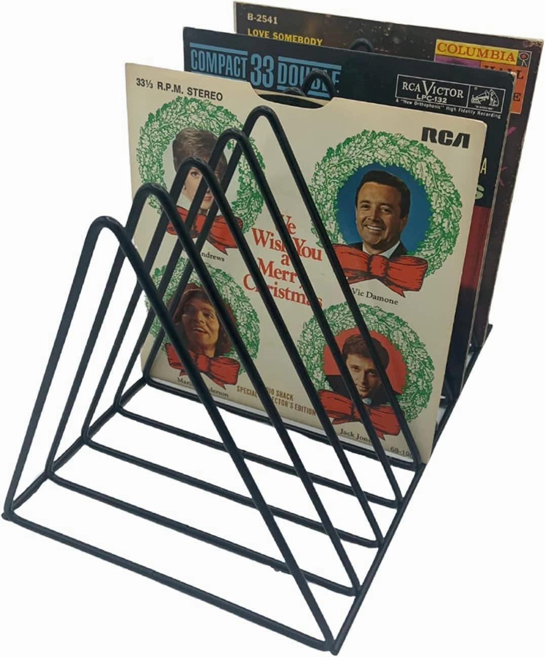 Vinyl Record Storage Holder Stand - Premium Triangle Metal Wire Magazine and Book Rack holds up to 33 Lp Album Records, Simple, Functional and Contemporary Vinyl Organizer - Small 5slots (Rose) vinyl storage,record holder,LP organizer,