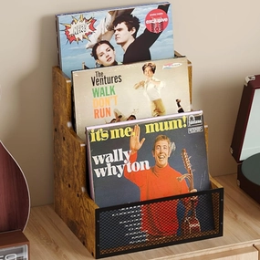 Vinyl Record Storage Holder, Stepped 3 Tier LP Vinyl Record Crate with Metal Grid, Wooden Album Storage Desktop Organizer Box for Vinyl, Rustic Brown & Black (Patent Pending) vinyl storage,record holder,LP organizer,