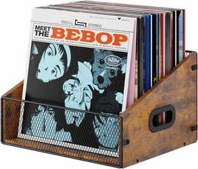 Vinyl Record Storage Holder, Trapezoidal LP Vinyl Record Crate with Handle, Wood & Metal Album Storage Desktop Organizer Box for Books Files, Rustic Brown vinyl storage,record holder,LP organizer,