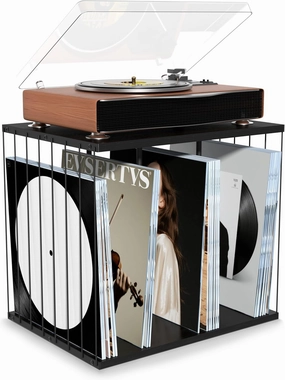 Vinyl Record Storage, Metal & Wooden Vinyl Record Holder Up to 80 Album, 3-Compartment Record Player Stand for Magazine, Book, Files, Albums (Black) vinyl storage,record holder,LP organizer,
