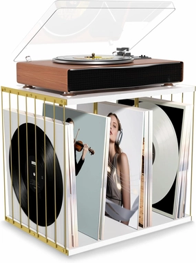 Vinyl Record Storage, Metal & Wooden Vinyl Record Holder Up to 80 Album, 3-Compartment Record Player Stand for Magazine, Book, Files, Albums (White) vinyl storage,record holder,LP organizer,