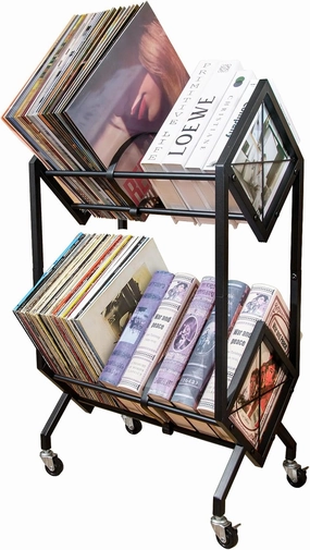 Vinyl Record Storage Rack, 2 Tier Record Organizer with Wheels, 200 LP Albums Storage Rack Shelf, Metal Records Display Shelf Organizer for Magazines, Books, Office Files, Black vinyl storage,record holder,LP organizer,