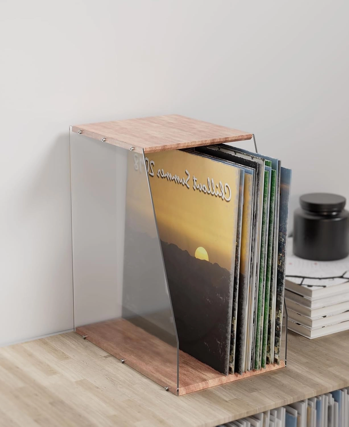 Vinyl Record Storage Rack, 40LPs  Capacity Wooden Vinyl Albums Display Organizer with Acrylic Board, Quick Assembly Retro Style Record Storage Box for CD, Magazine, File