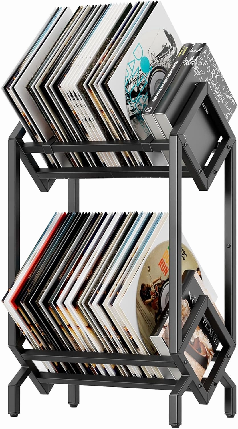 Vinyl Record Storage Rack, Record Holder 160-200 LP Storage Shelf Display Stand for Albums Books Magazines Files, Matte Black vinyl storage,record holder,LP organizer,