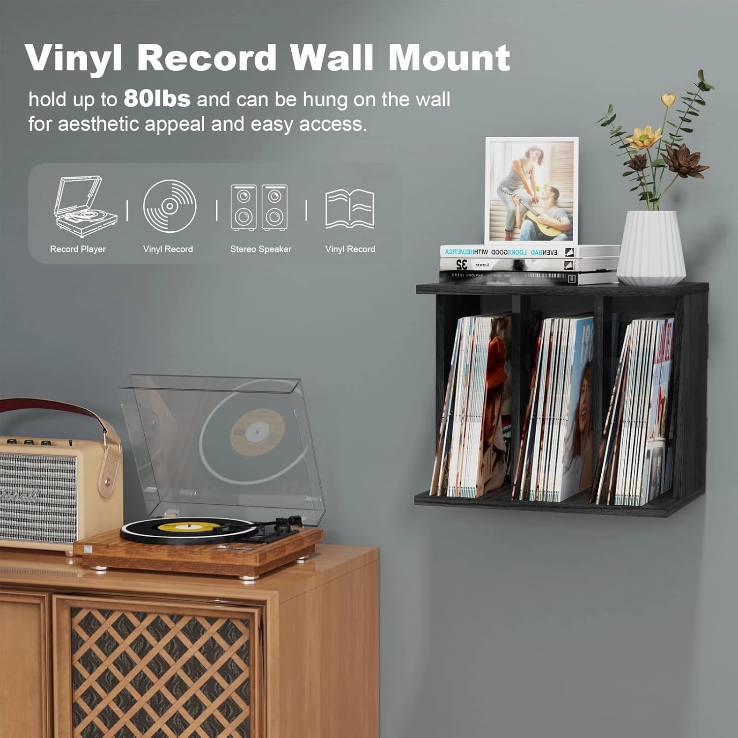 Vinyl Record Storage, Vinyl Record Stand Wall Mount Up to 80-100 Albums, 3-Compartment Vinyl Record Holder