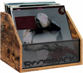 Vinyl Record Storage Wall Mount, Vintage Record Display Holder, Vinyl Album Crate, LP Display Shelf, Metal Mesh Front and Pull Rings for LP, Photo Albums, Files, Rustic Brown MCW28BF vinyl storage,record holder,LP organizer,