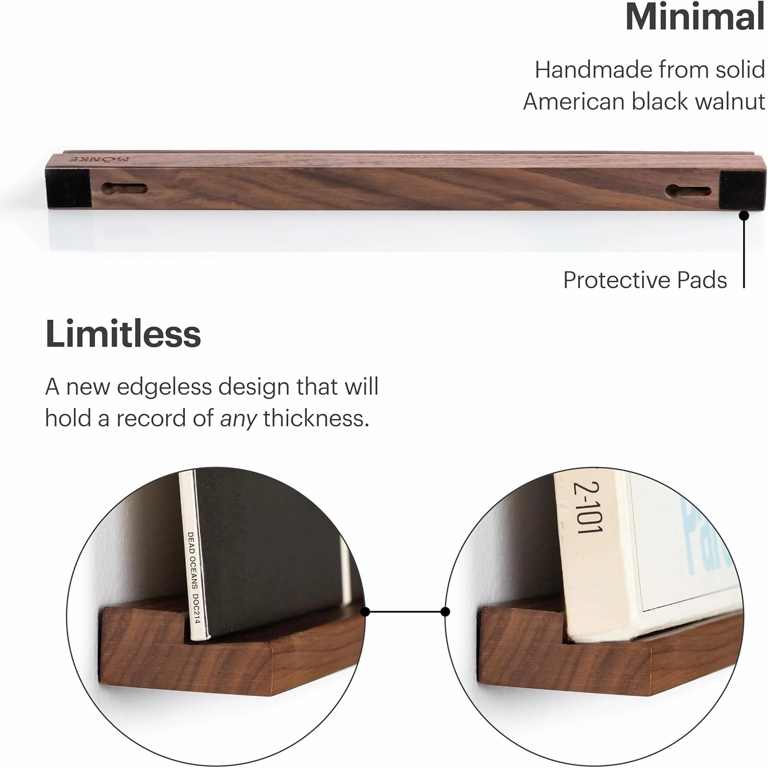 Vinyl Record Wall Mount - 3 Elegant Display Ledges Made from Solid Wood - This Vinyl Record Shelf Will Hold Records of Any Size (Walnut)