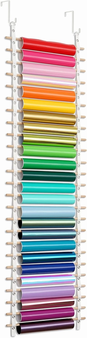 Vinyl Roll Holder, 25 Rolls, Craft Roll Storage and Organizer, Cotton Straps and Wood Dowels, with Door Hanging Hooks vinyl storage,record holder,LP organizer,