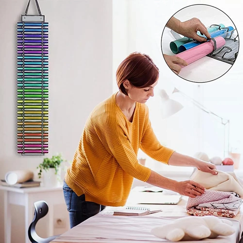 Vinyl Roll Organizer - 48 Compartment Hanging Storage Rack with Wall Mount