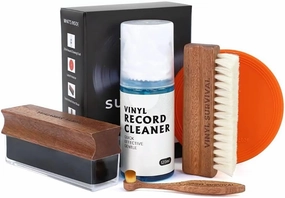 Vinyl SURVIVAL Premium Complete 6-in-1 Vinyl Record Cleaning Kit, Natural Mahogany Hardwood, Soft Velvet Brush, Goat Hair Bristle Brush, Stylus Brush, Cleaner Fluid Spray, Cloth, Album Label Protector record cleaning kit,vinyl cleaner,stylus brush set,